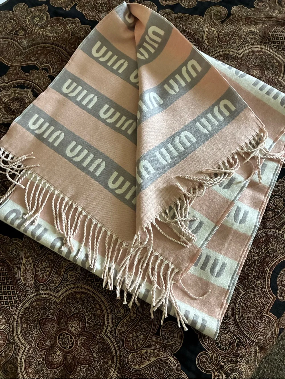 Miu Miu Blush Pink and Ivory Logo Stripe Scarf